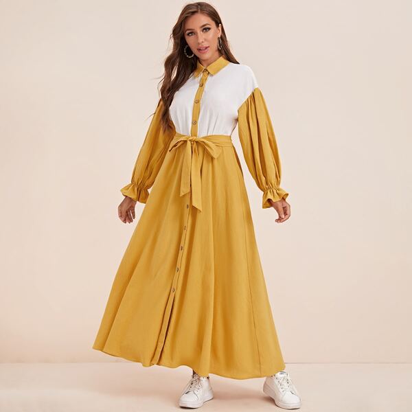 

Flounce Sleeve Color Block Belted Shirt Dress, Yellow