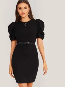 SHEIN Privé Puff Sleeve Bodycon Dress Without Belt - Black - View 2