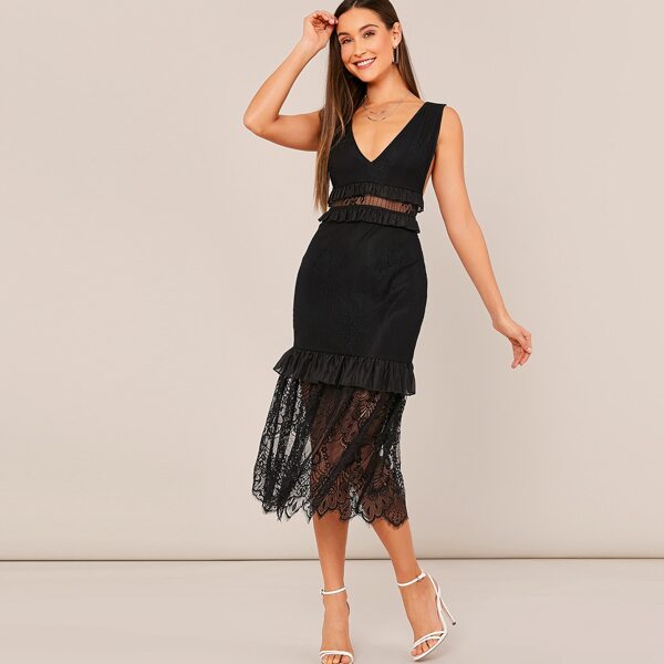 

Plunging Neck Ruffle Detail Lace Dress, Black