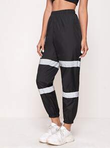SHEIN Contrast Reflective Panel Detail Windbreaker Pants - Black - View 3