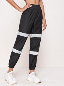 SHEIN Contrast Reflective Panel Detail Windbreaker Pants - Black - View 4