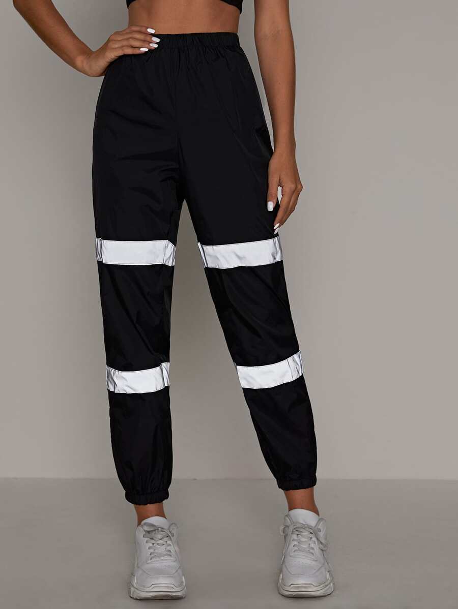 SHEIN Contrast Reflective Panel Detail Windbreaker Pants - Black - View 1