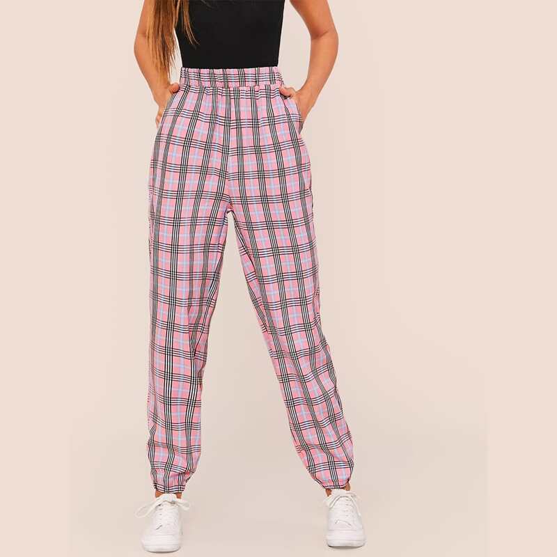 

Elastic Waist Slant Pocket Tartan Pants, Multicolor