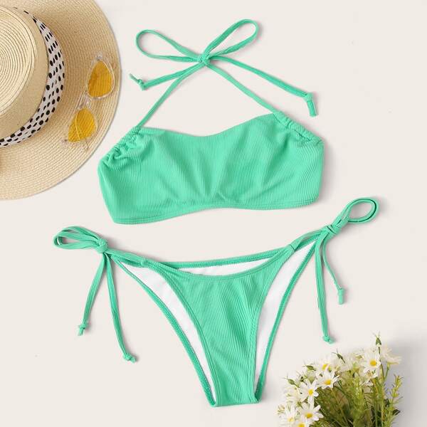 

Rib Halter Tie Side Bikini Swimsuit, Green