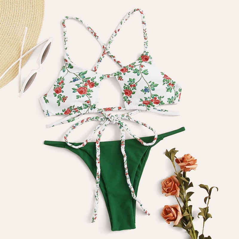

Random Floral Cutout Braided Strap Bikini Swimsuit, Multicolor