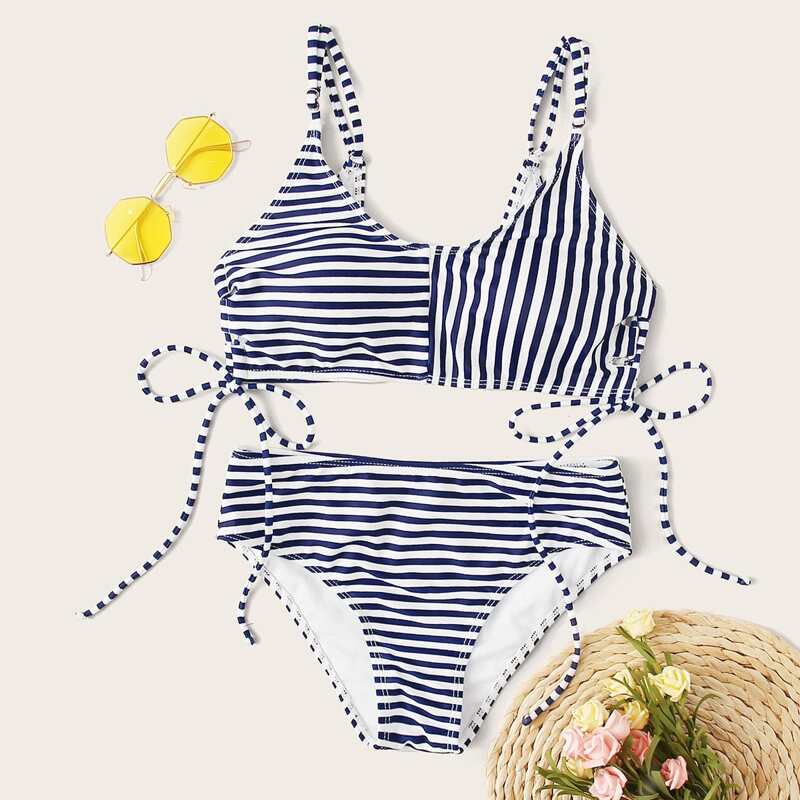 

Contrast Striped Drawstring Side Bikini Swimsuit, Blue