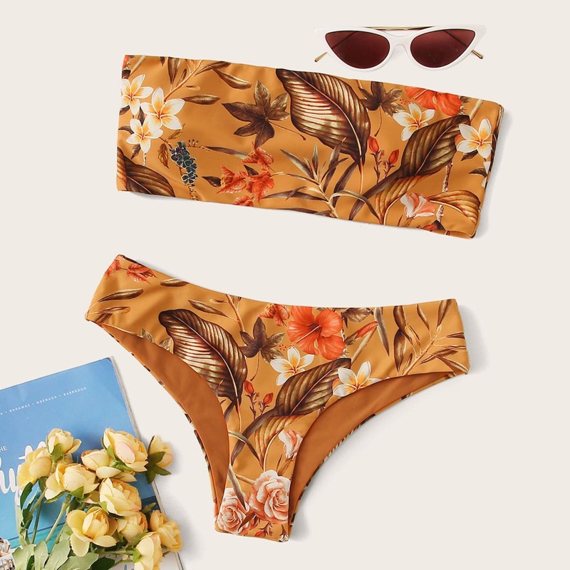 

Tropical Print Bandeau Bikini Swimsuit, Yellow