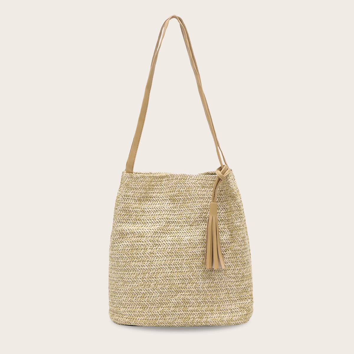 

Knitted Tassel Decor Tote Bag, Khaki