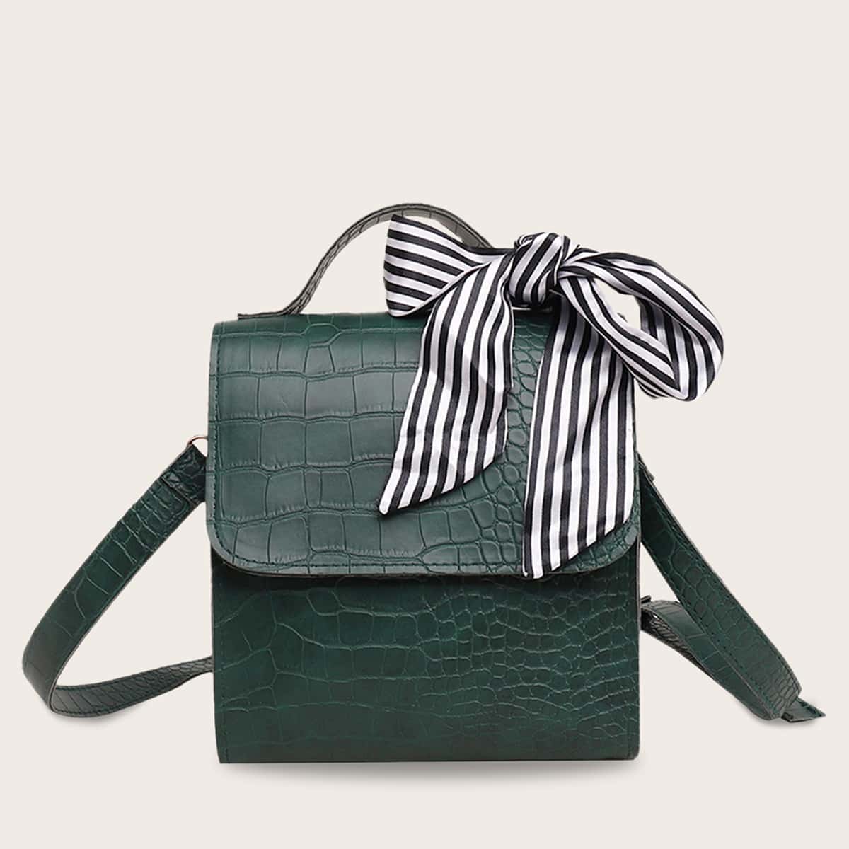 

Bow Decor Croc Embossed Satchel Bag, Green