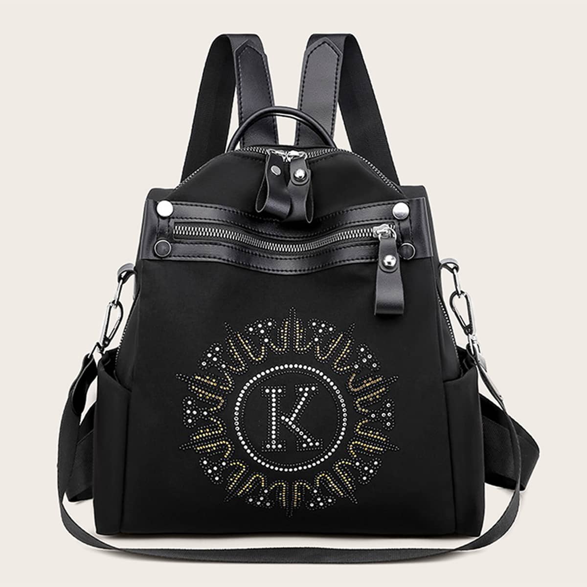 

Studded Decor Letter Graphic Backpack, Black