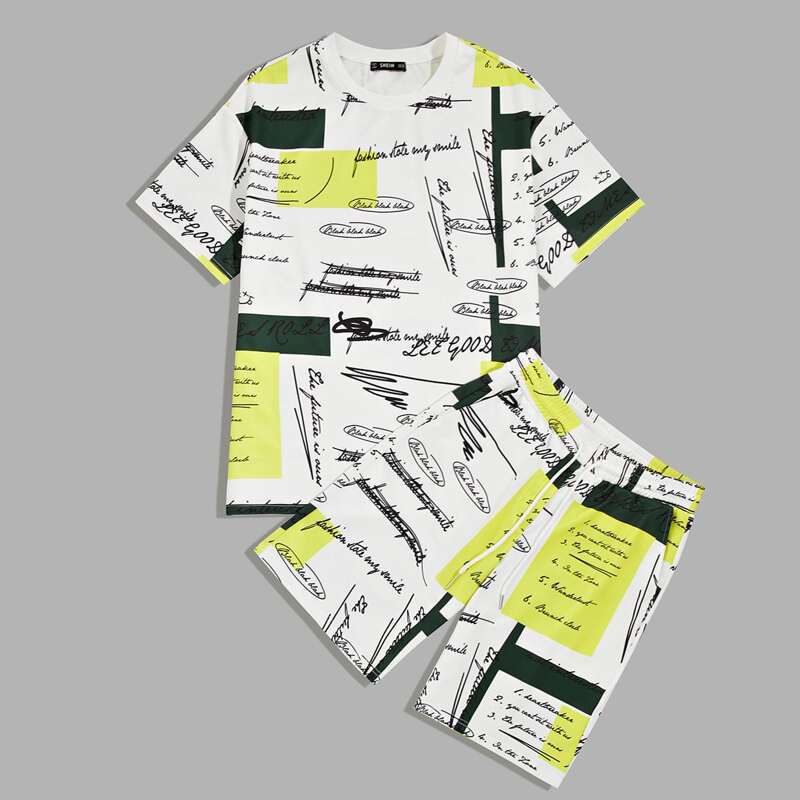 

Guys Allover Print Top & Drawstring Waist Shorts Set, Multicolor