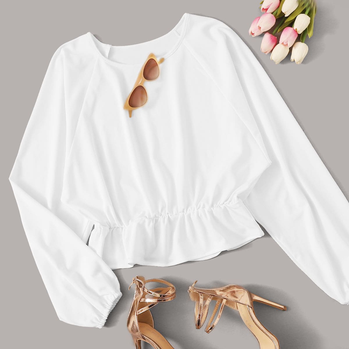 

Raglan Sleeve Ruffle Hem Blouse, White