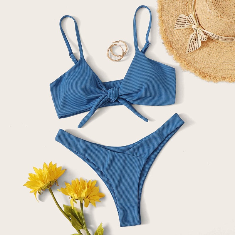 

Tie Front High Leg Bikini Swimsuit, Blue