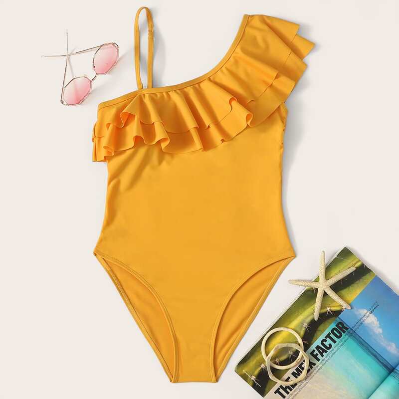 

Ruffle Trim One Shoulder One Piece Swimsuit, Yellow