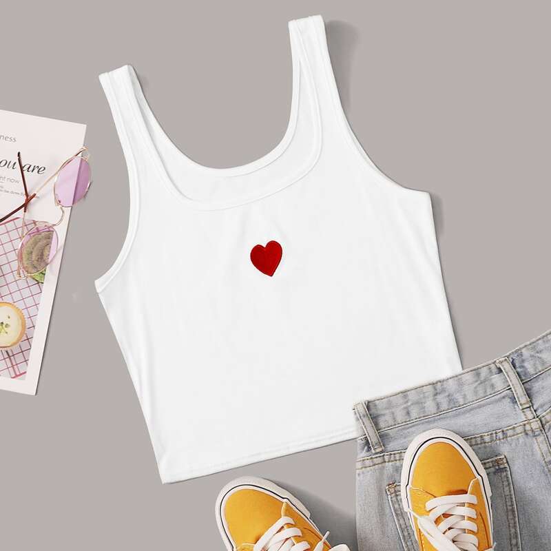 

Heart Embroidery Crop Tank, White