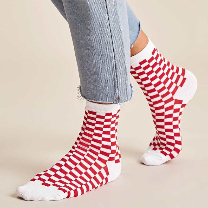 

1pair Two Tone Plaid Ankle Socks, Red