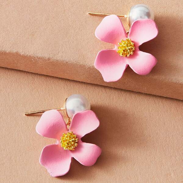 

1pair Faux Pearl & Flower Decor Drop Earrings, Pink