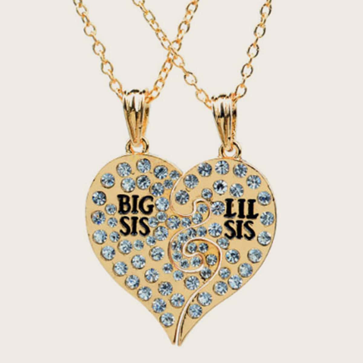 

2pcs Rhinestone Engraved Half Heart Charm Necklace, Gold
