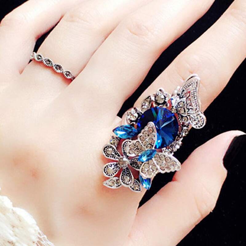 

2pcs Rhinestone Decor Butterfly Decor Ring Set, Blue