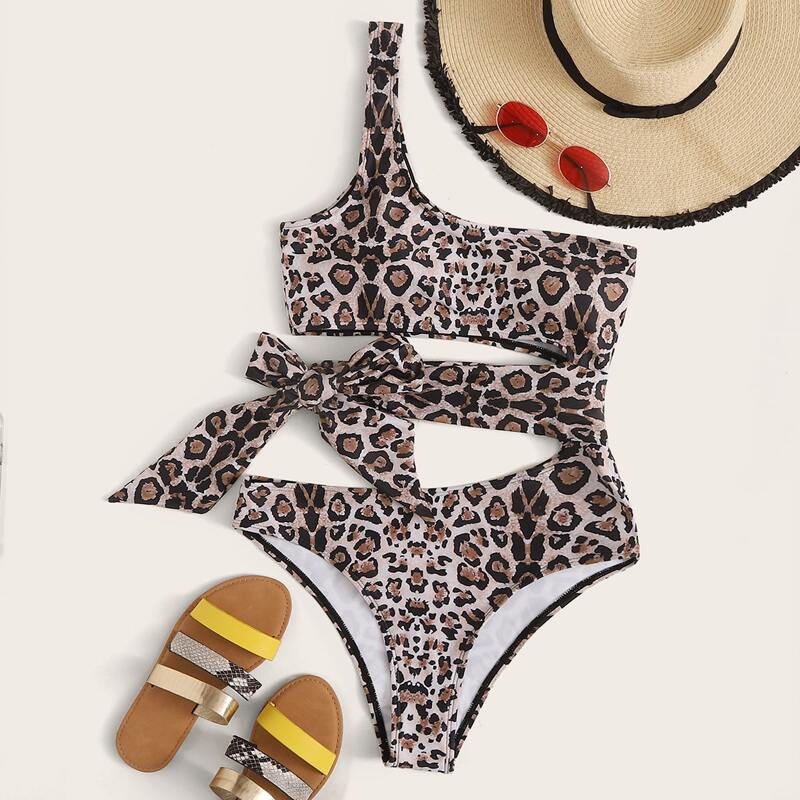 

Leopard Tie Front One Piece Swimsuit, Multicolor
