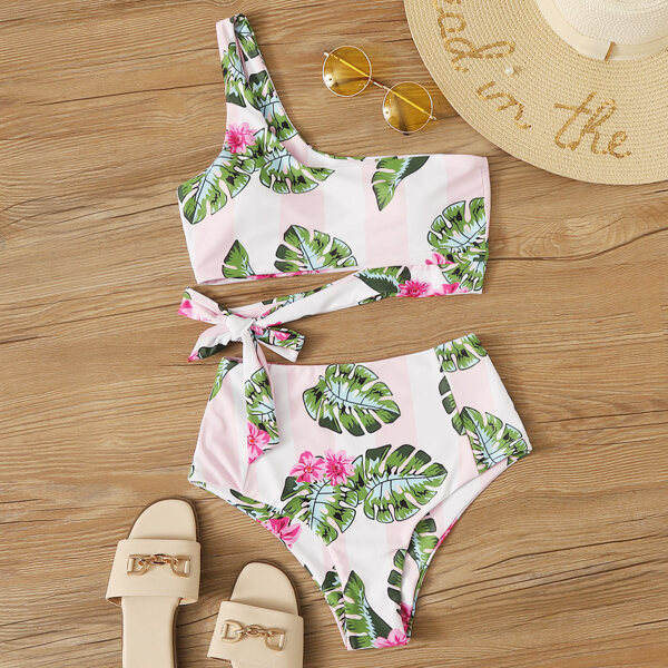 

Tropical & Floral One Shoulder Tie Side Bikini Swimsuit, Multicolor