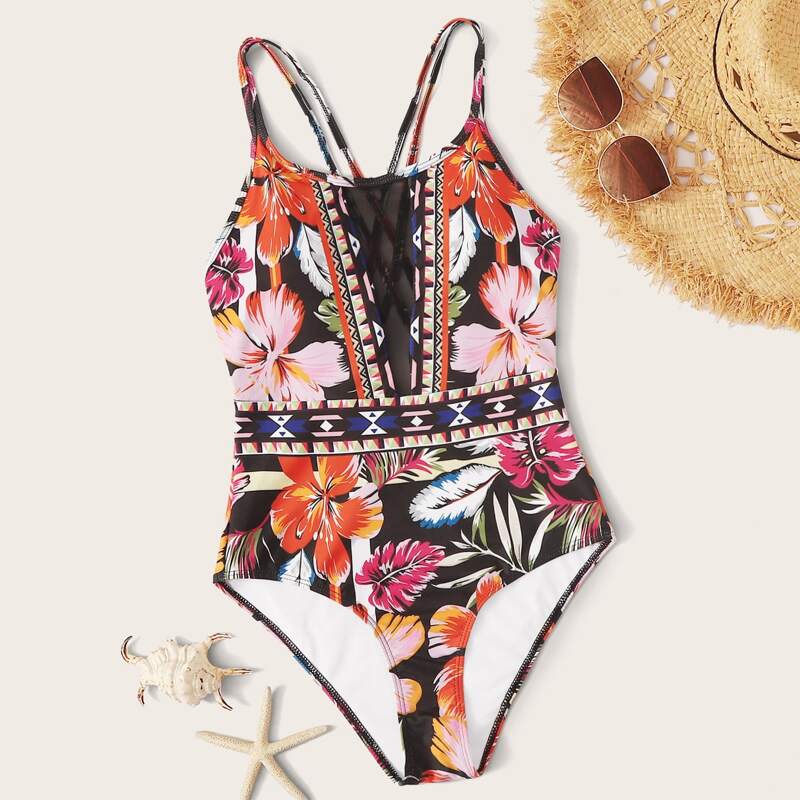 

Floral Random Print Contrast Mesh One Piece Swimsuit, Multicolor