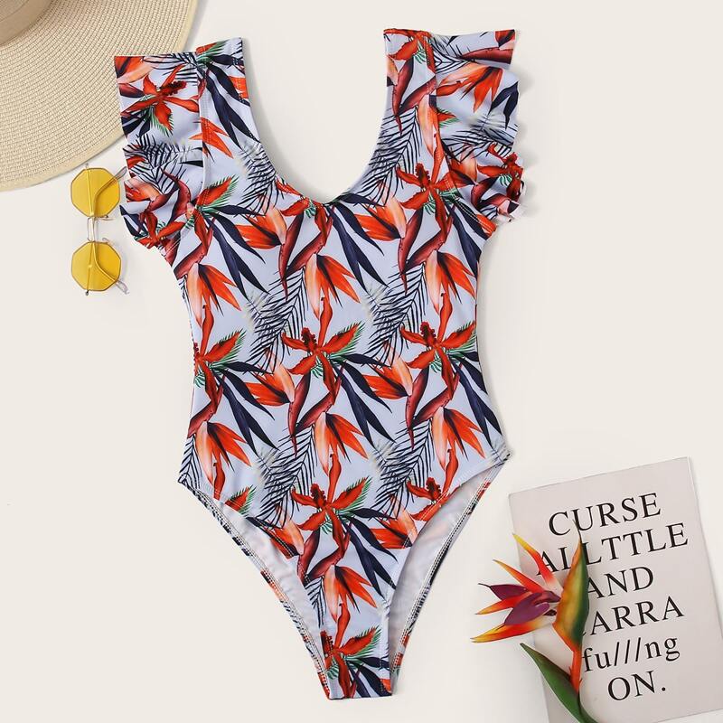 

Leaf Print Ruffle Trim One Piece Swimsuit, Multicolor