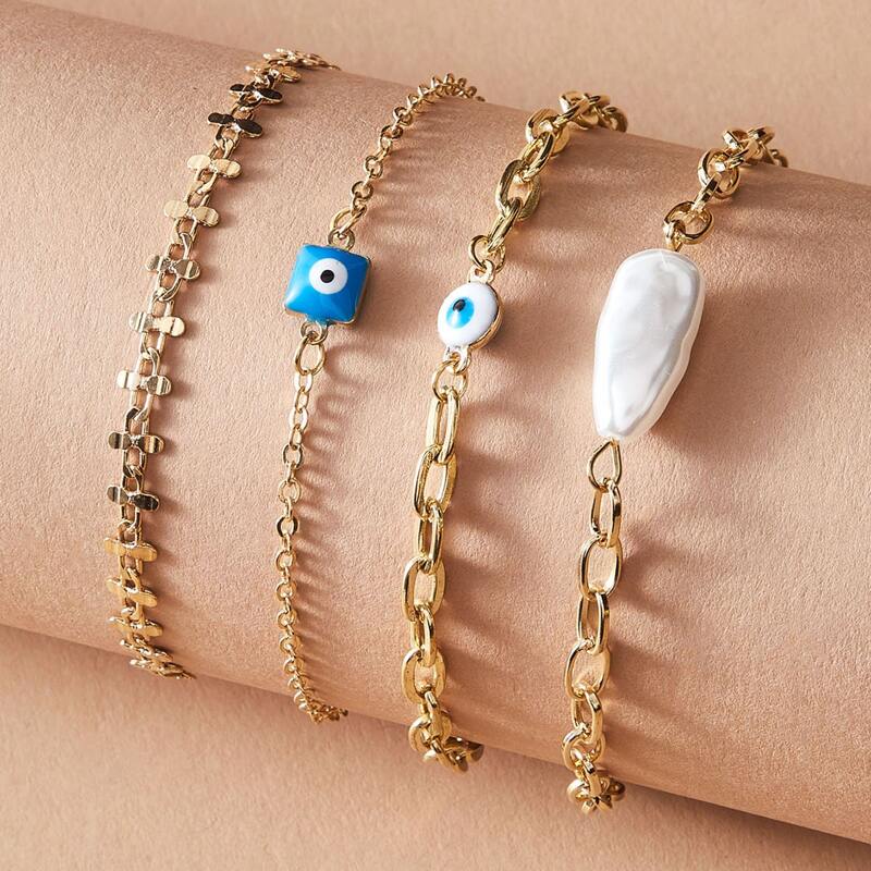 

4pcs Eye & Faux Pearl Decor Chain Bracelet, Gold