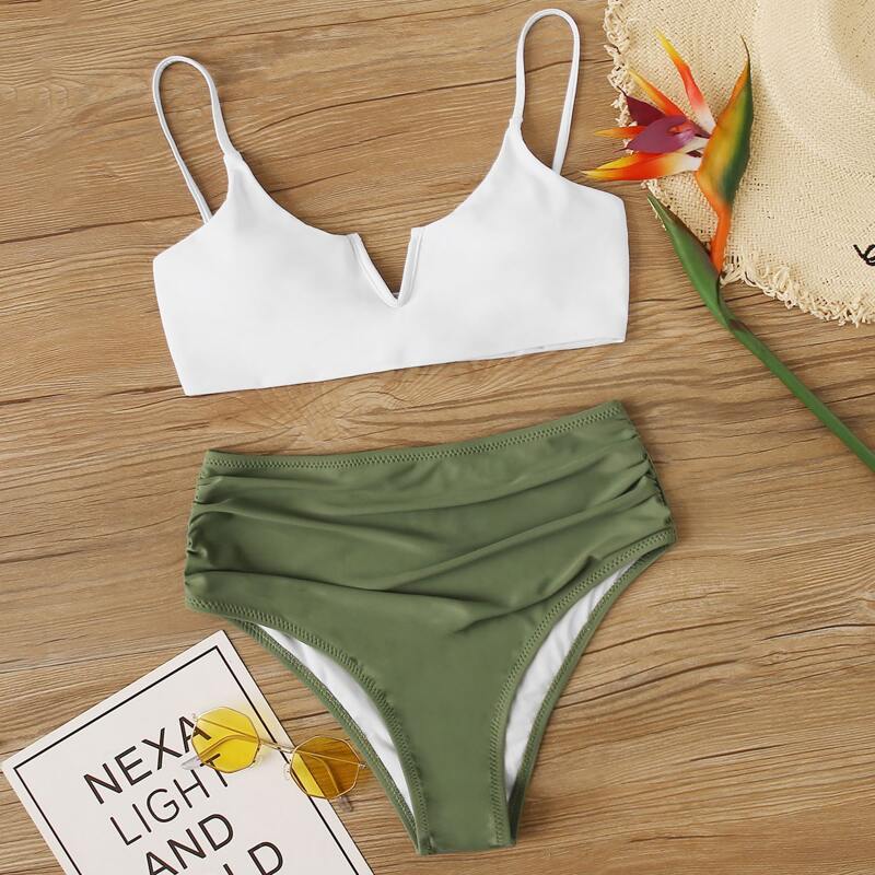 

V Wired Lace-up Back Ruched High Waisted Bikini Swimsuit, Multicolor