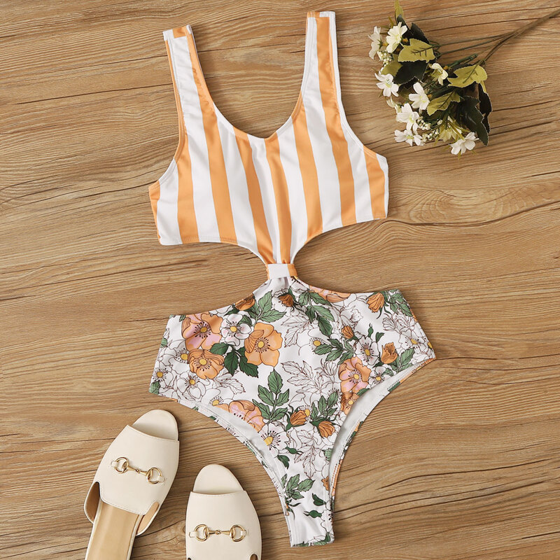

Striped & Floral Print Cut-out One Piece Swimsuit, Multicolor