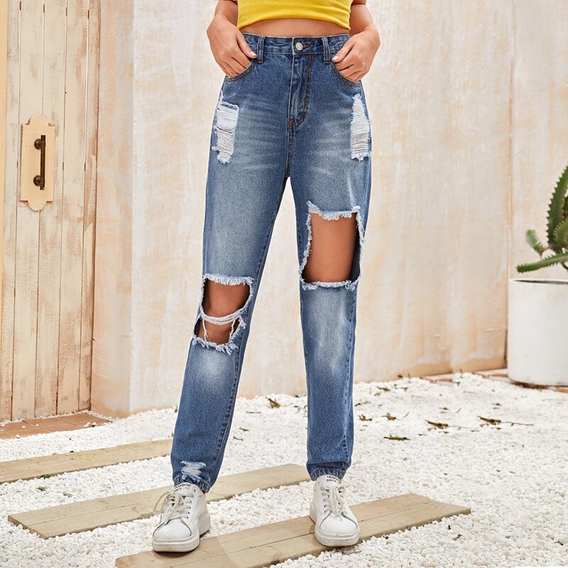 

Bleached Wash Cut-out Jeans, Blue