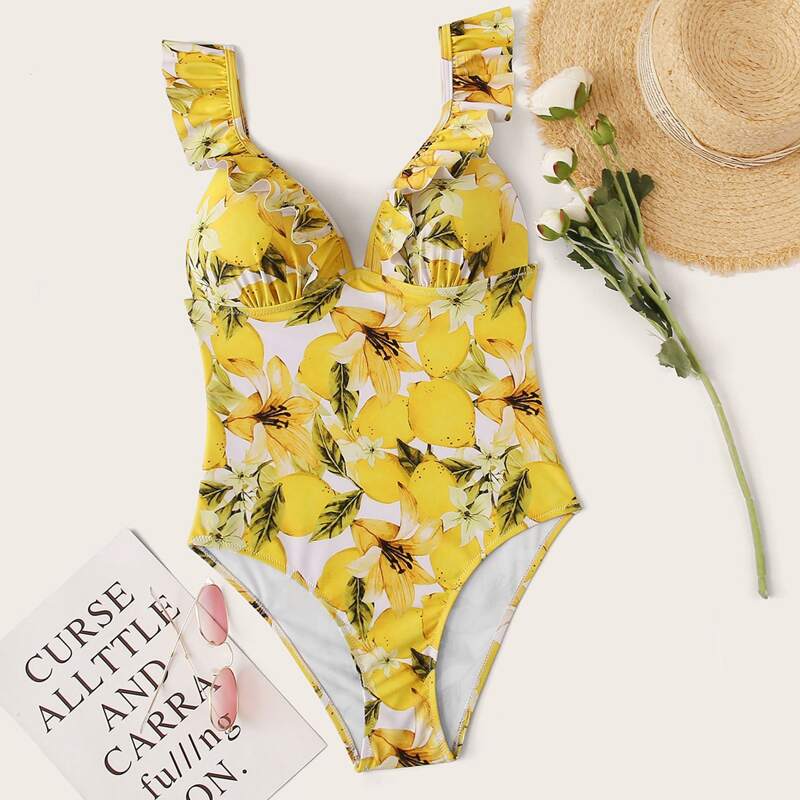 

Lemon Ruffle Trim Push Up One Piece Swimsuit, Yellow