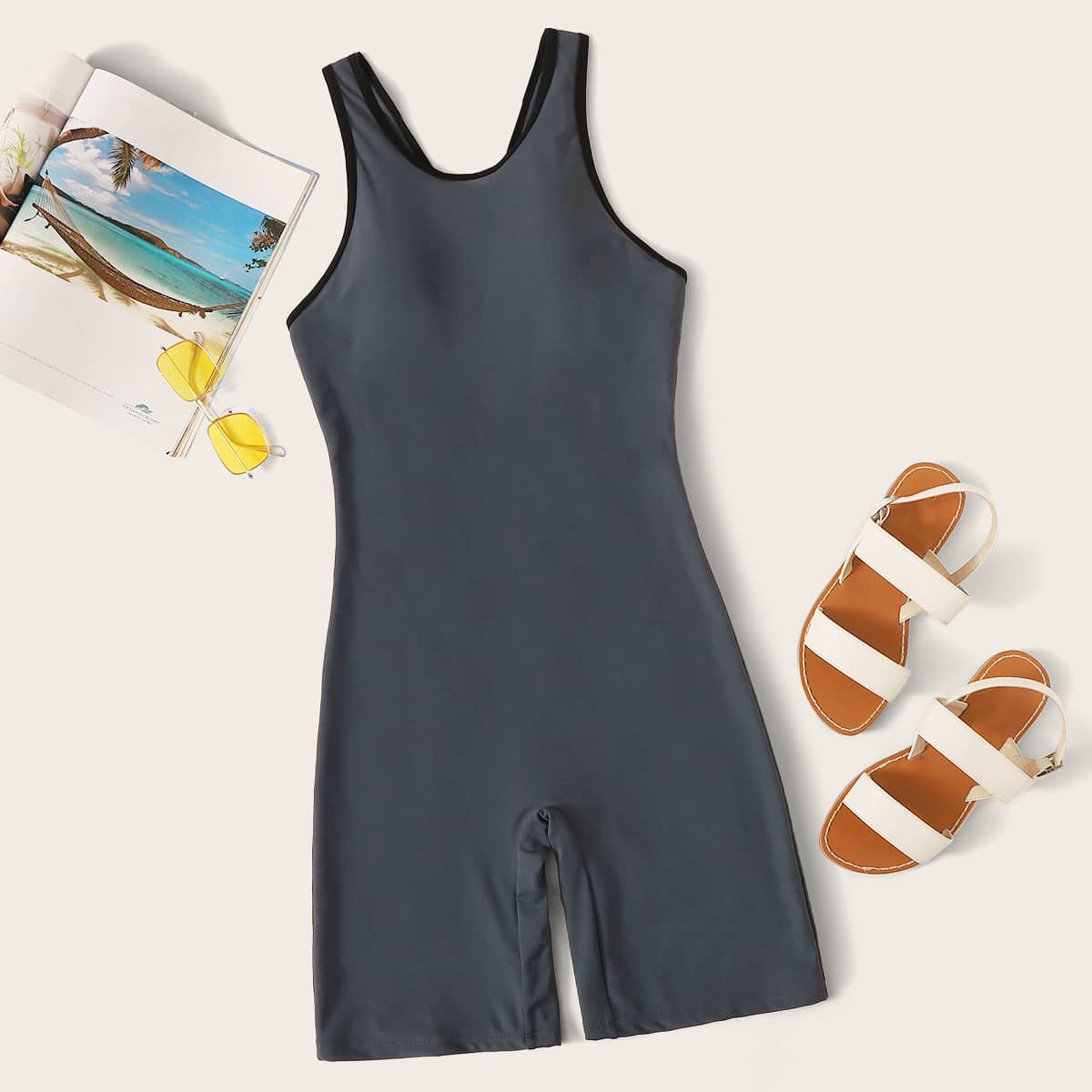 

Contrast Binding One Piece Swimsuit, Grey