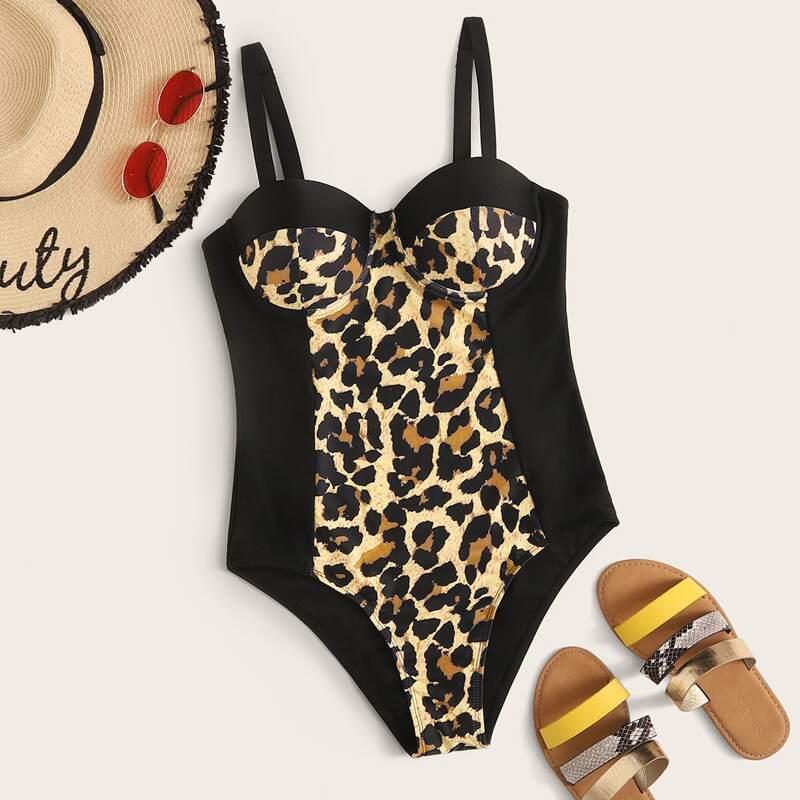 

Contrast Leopard Underwired One Piece Swimsuit, Black