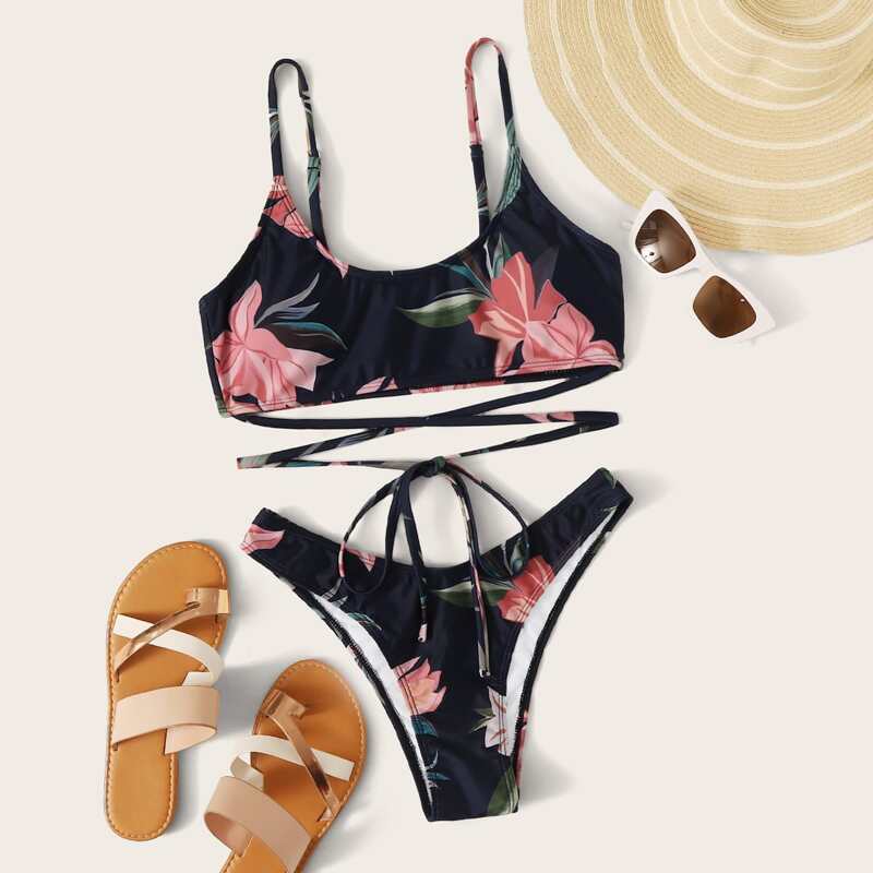 

Floral Print Wrap High Cut Bikini Swimsuit, Multicolor