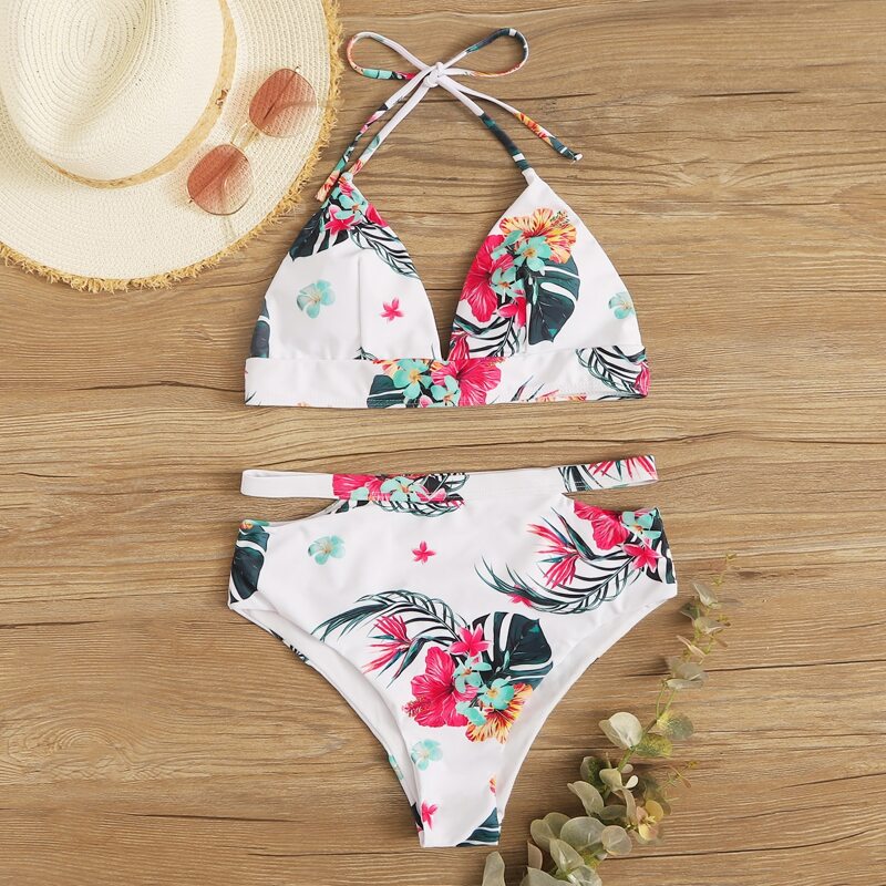 

Floral Halter Triangle Bikini Swimsuit, Multicolor