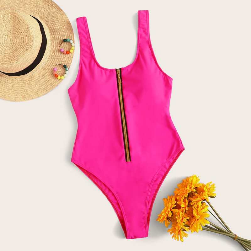 

Zip Front One Piece Tank Swimsuit, Pink bright