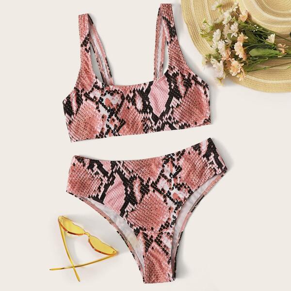 

Snakeskin Print High Waisted Bikini Swimsuit, Multicolor