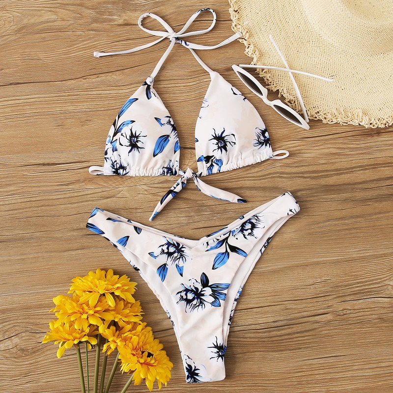 

Floral Halter Triangle High Cut Bikini Swimsuit, Multicolor