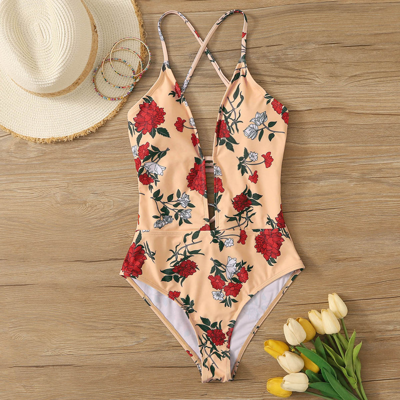 

Floral Plunging One Piece Swimsuit, Multicolor