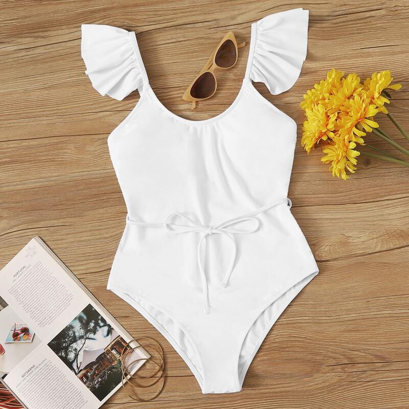 

Ruffle Strap Belted One Piece Swimsuit, White