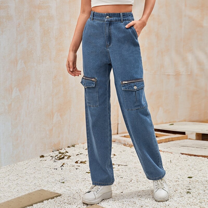 

Zipper Decoration Flap Pockets Baggy Jeans, Blue