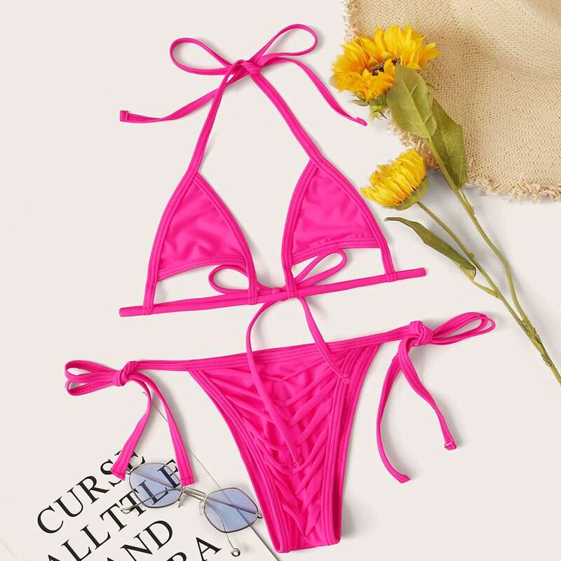 

Cut-out Halter Triangle Tie Side Bikini Swimsuit, Pink bright