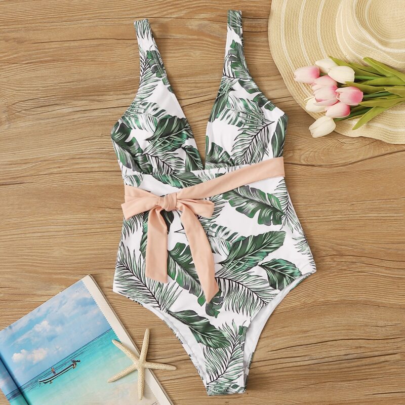 

Tropical Print Belted One Piece Swimsuit, Multicolor