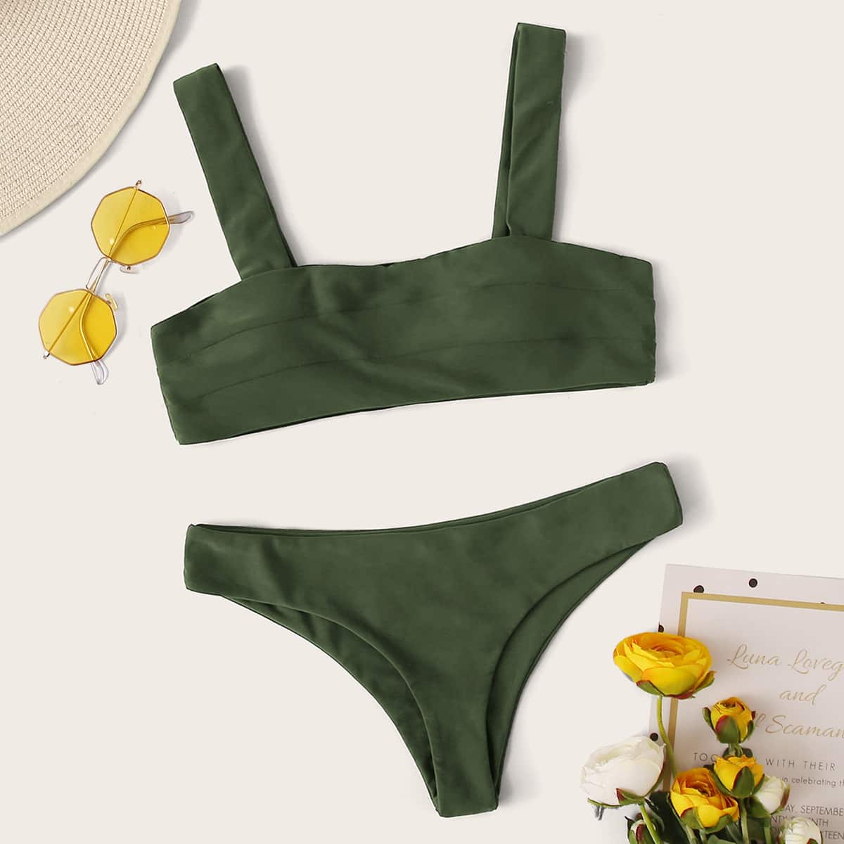 

Square Neck Cheeky Bikini Swimsuit, Army green