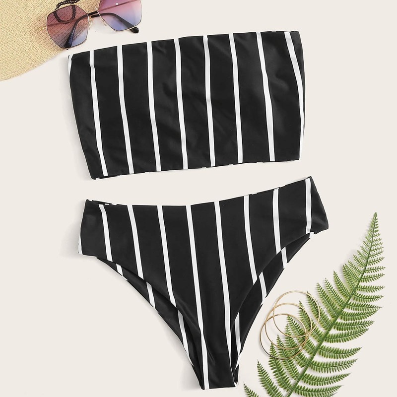 

Striped Bandeau High Waisted Bikini Swimsuit, Black