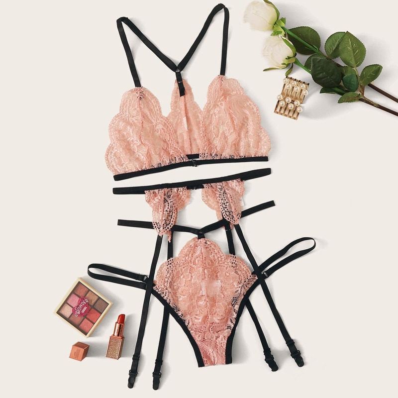 

Floral Lace Garter Lingerie Set, Pink