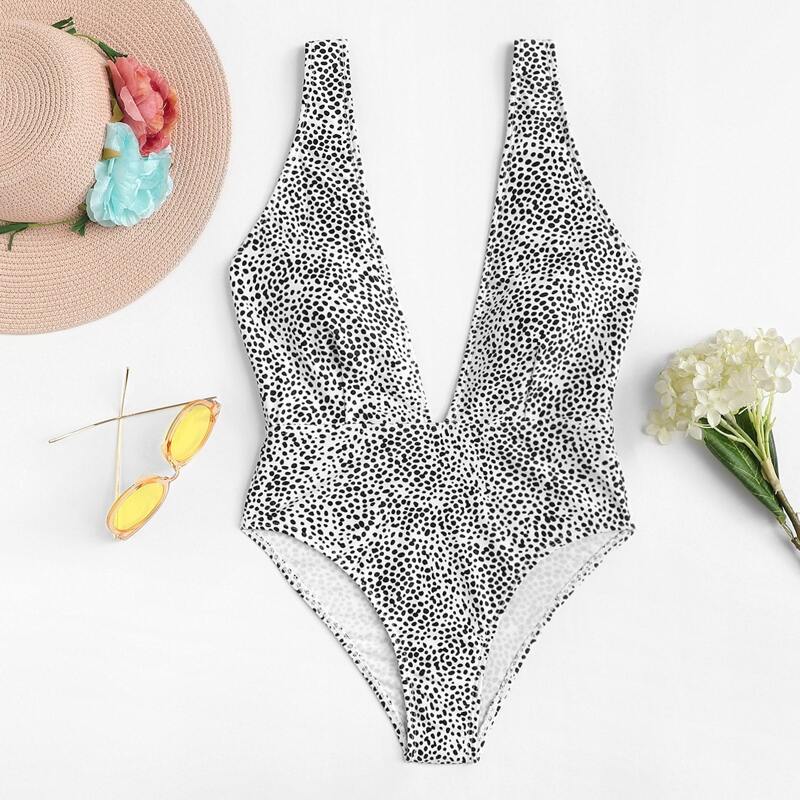 

Dalmatian Print Plunging One Piece Swimsuit, Black and white