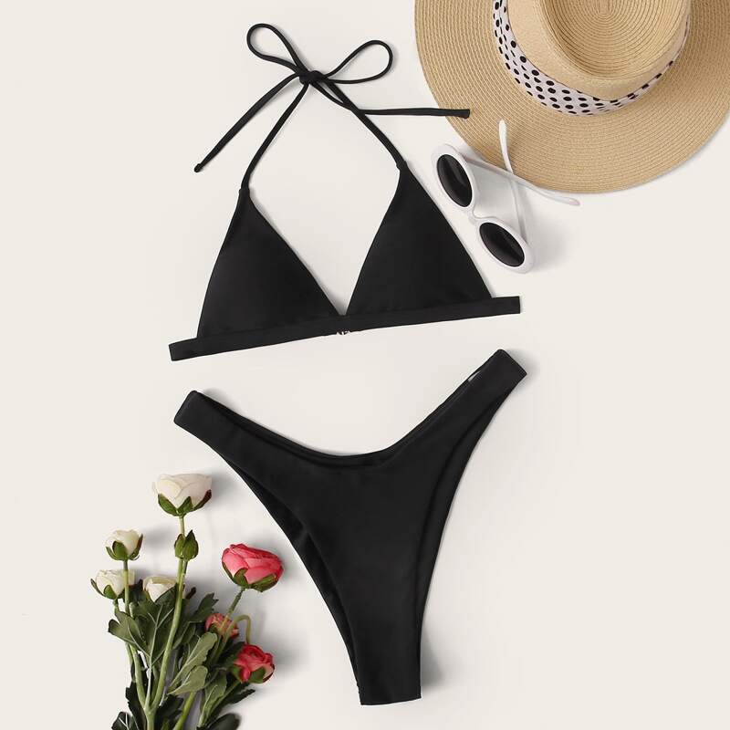

Triangle Halter High Cut Bikini Swimsuit, Black