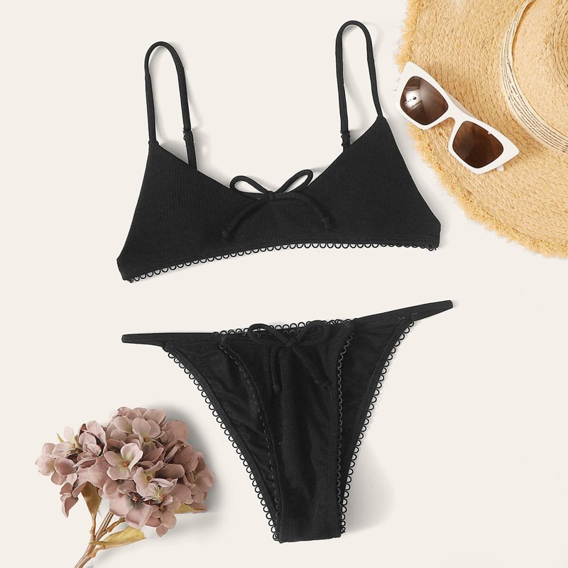 

Rib Contrast Trim Tanga Bikini Swimsuit, Black